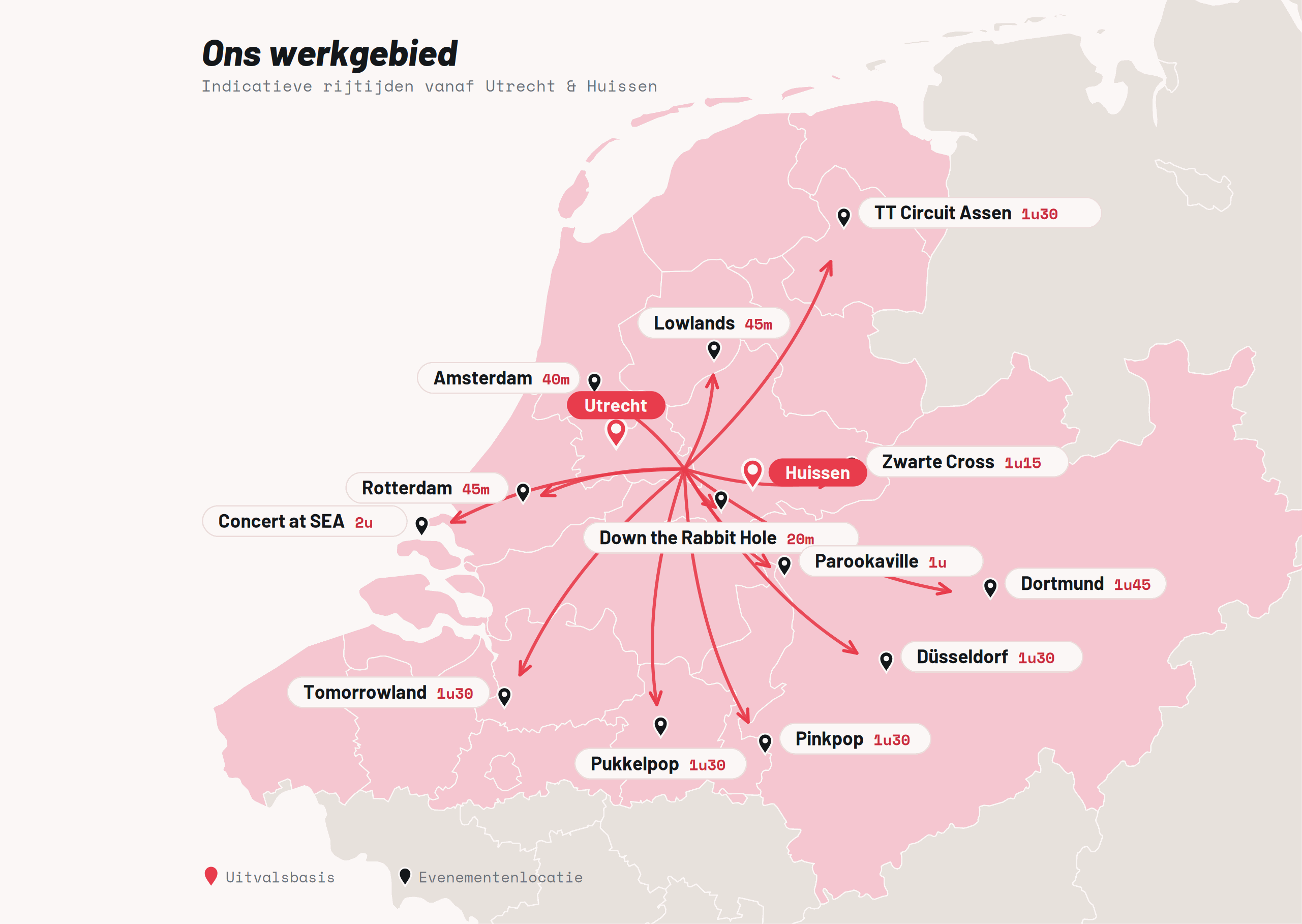 Ons werkgebied: uitvalsbases in Utrecht en regio Arnhem, met indicatieve rijtijden naar evenementenlocaties in Nederland, Belgi\u00eb en Duitsland
